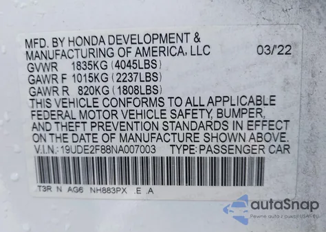 2022 Acura Ilx Premium A-Spec Packages/Technology A-Spec Packages из США, поврежденный, VIN 19UDE2F88NA007003